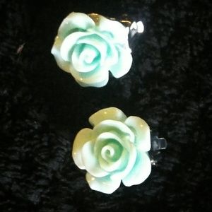 Teal Flower Clip-on Earrings